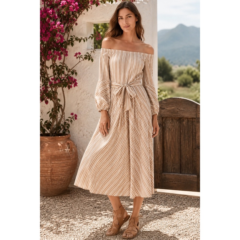 Marella Tan Striped Off Shoulder Midi Dress 8 Cotton Linen Button Front Neutral